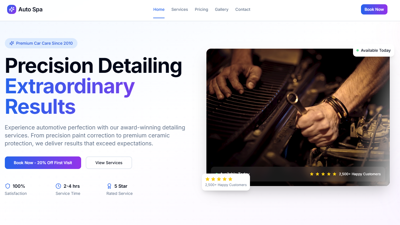 Auto Spa homepage with premium gradient design and modern animations