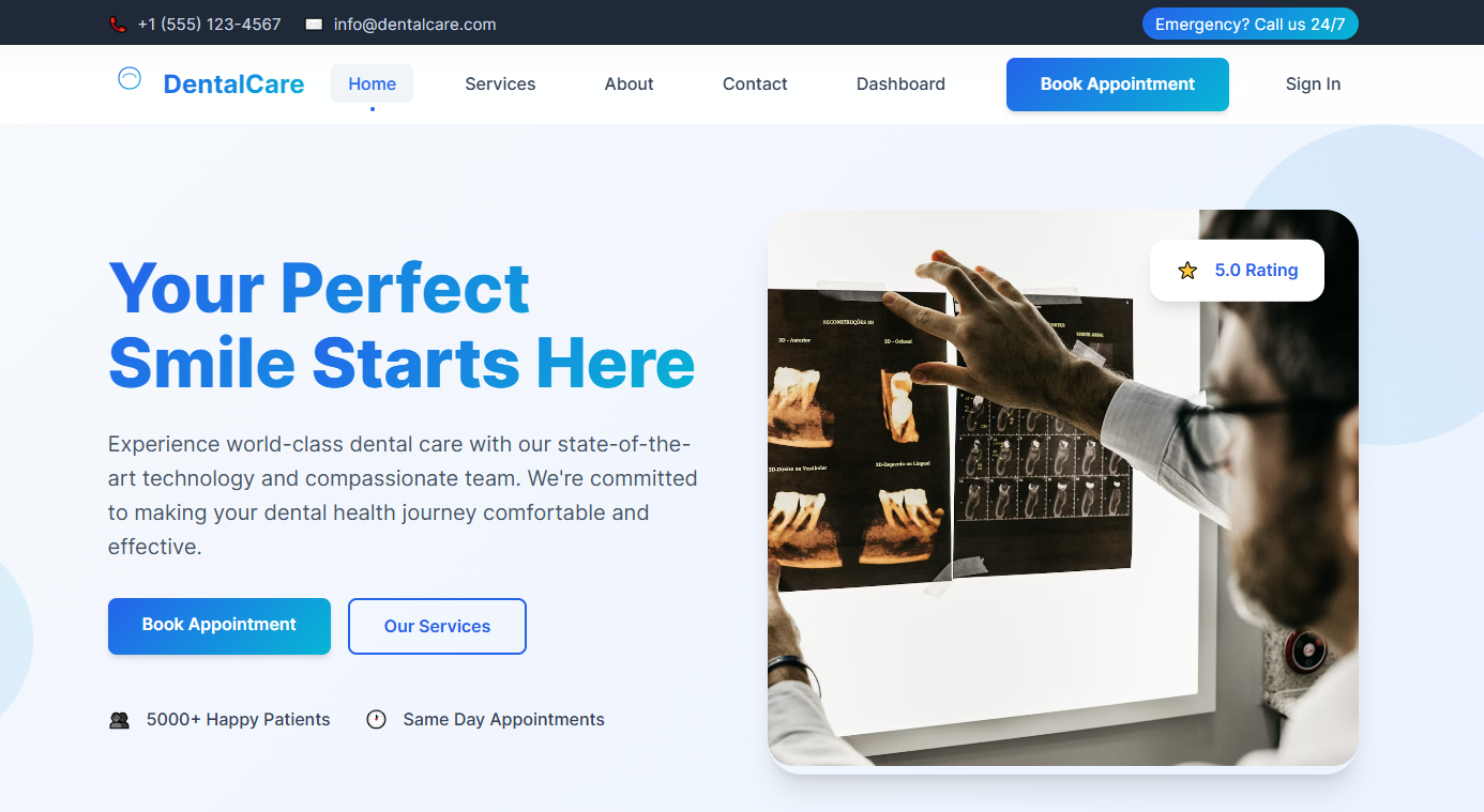 Dental management system homepage with modern design